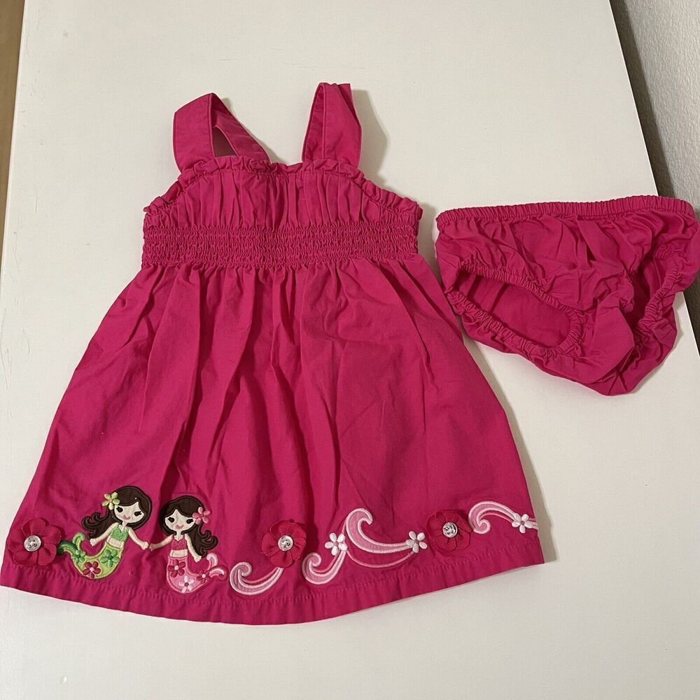 Gymboree Floral Mermaid Pink Smocked Dress and Bloomers Girls Size 6-12 Months